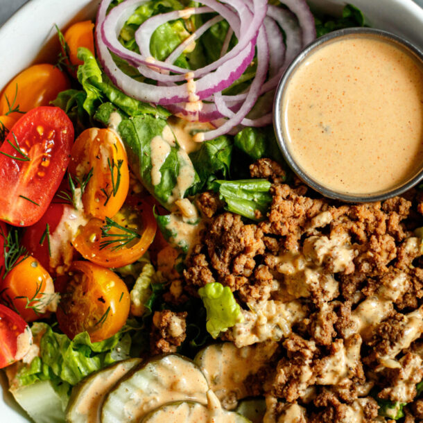 Aerial view of healthy burger bowl
