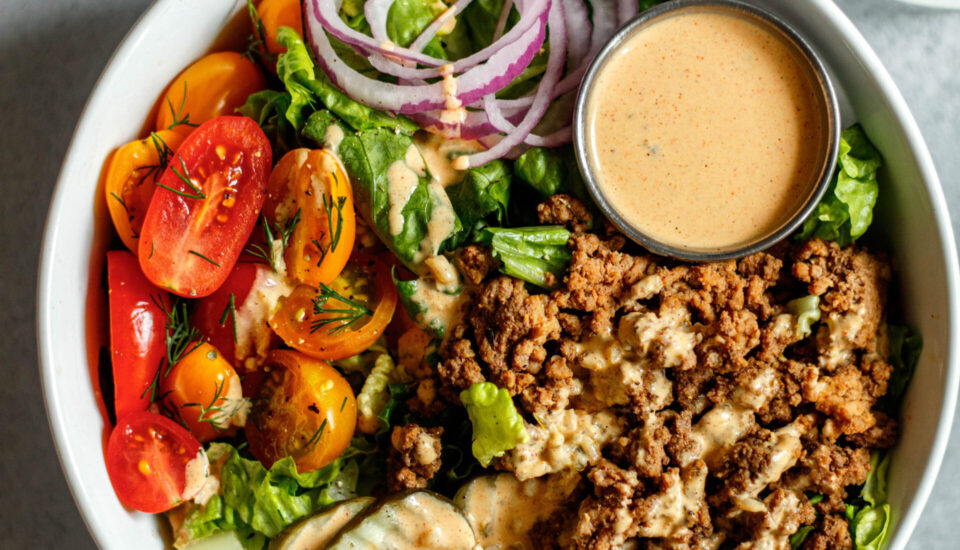 Aerial view of healthy burger bowl